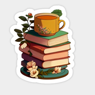 Cozy Floral Book Stack With Mug Sticker